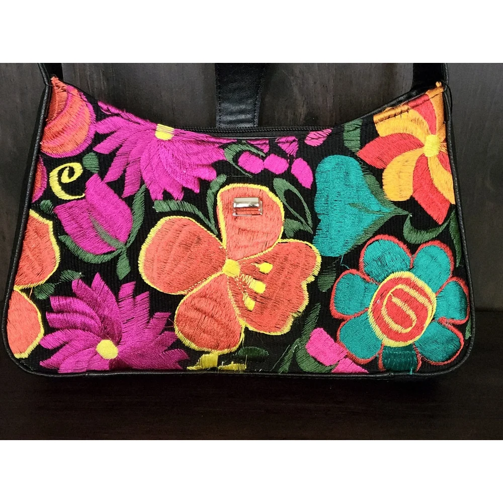 Floral Embroided Embossed Tooled Artisan LEATHER Handbag Bag Purse - Black